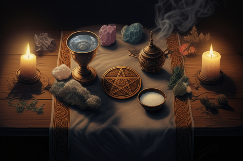A pagan altar layout showing candles, chalice, crystals, pentacle, and other ritual items