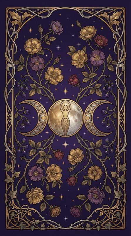 Pagan Village Tarot card back featuring a triple moon goddess design with wild roses on deep purple