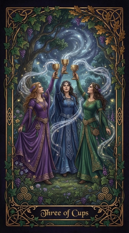 Three of Cups tarot card, three women in flowing gowns raising golden chalices under a spiral sky