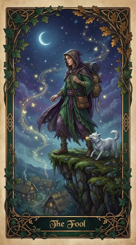 The Fool tarot card, a cloaked traveler stepping off a cliff under a crescent moon