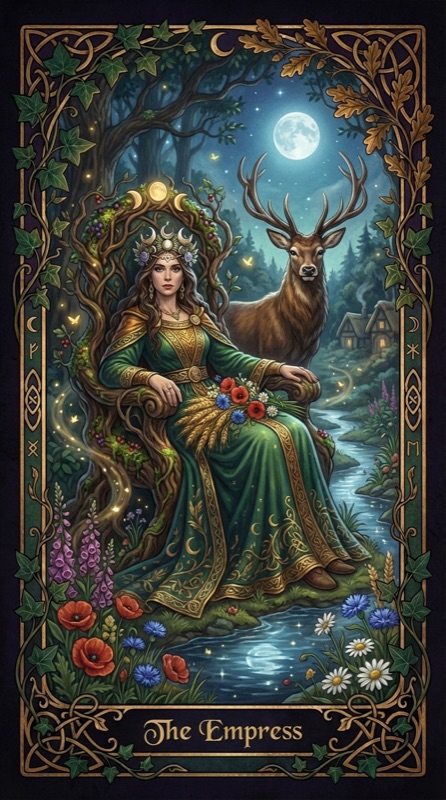 The Empress tarot card, a crowned figure seated among wildflowers with a stag beside her