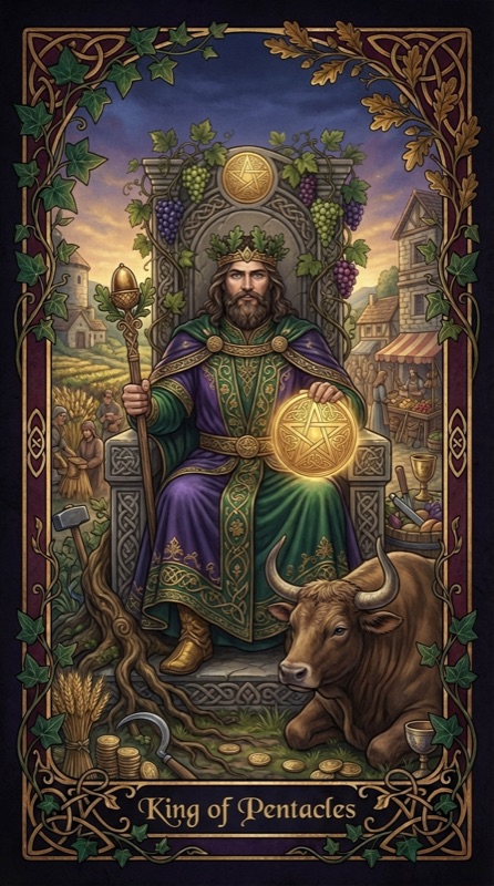 King of Pentacles tarot card, a crowned king on a throne holding a golden pentacle with a bull at his feet