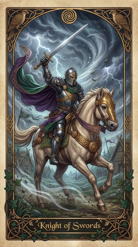 Knight of Swords tarot card, an armored knight charging on horseback through a storm