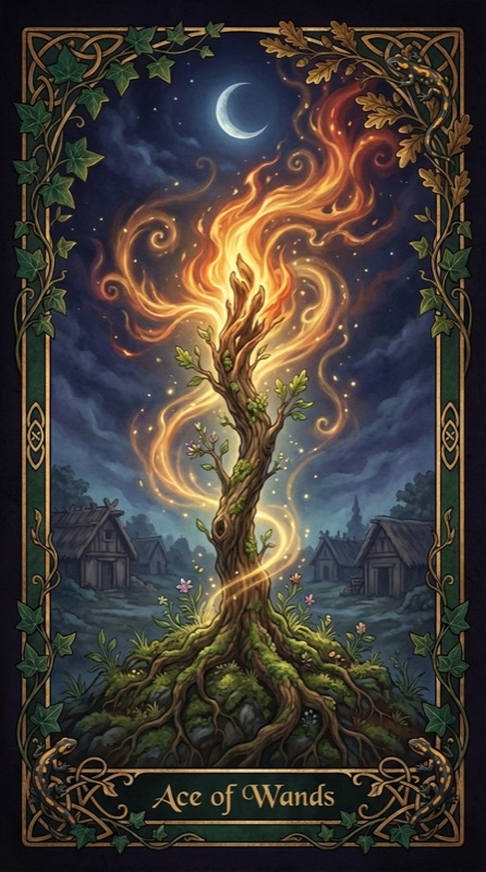 Ace of Wands tarot card, a burning tree sprouting new leaves against a night sky